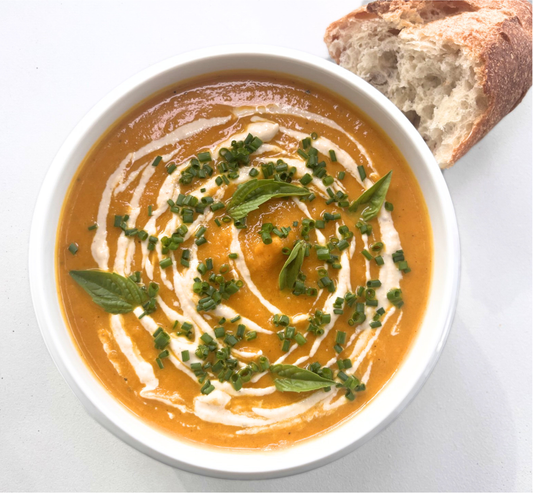 Roasted Carrot–Ginger Soup with Tahini Swirl
