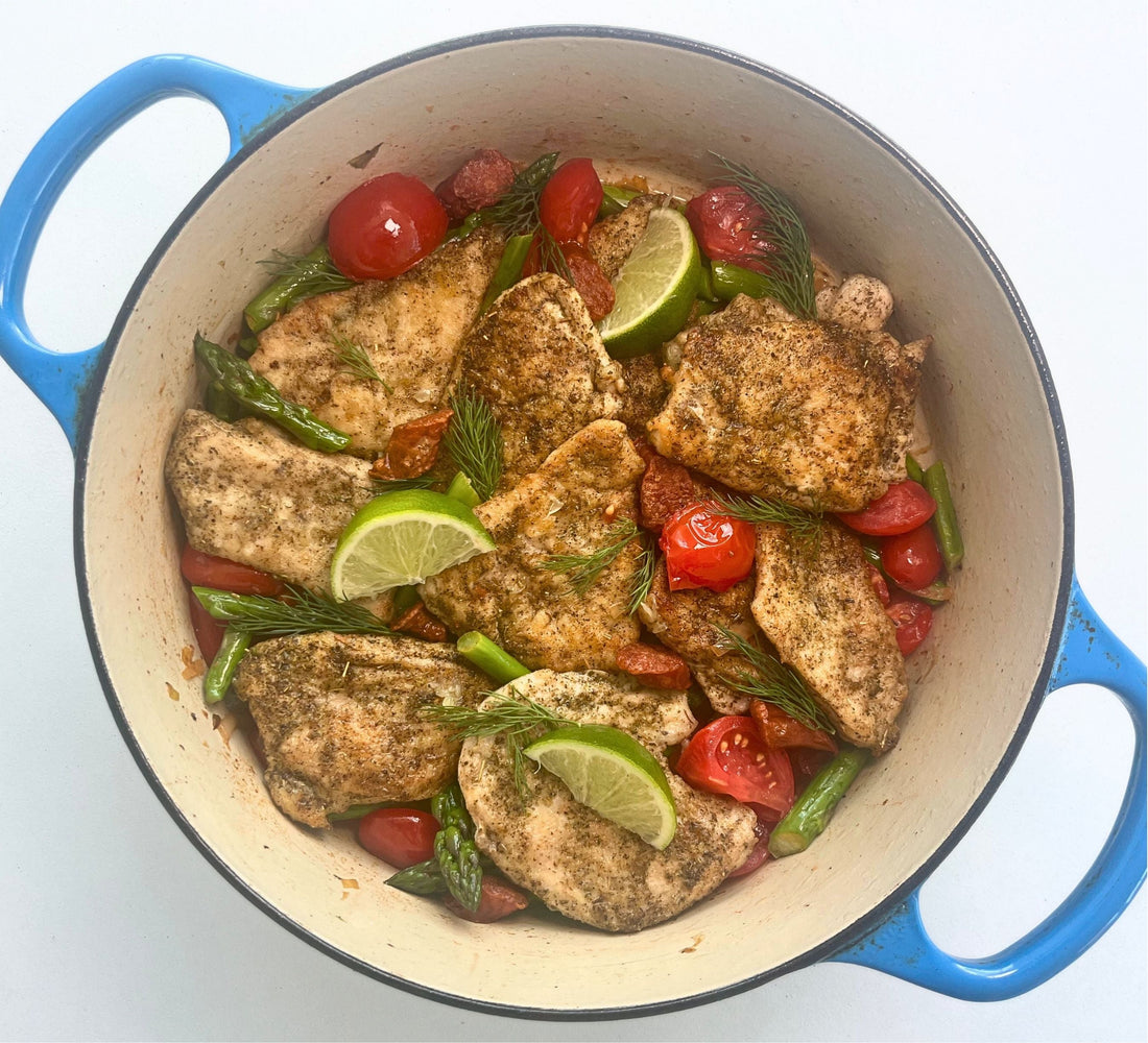 One-Pan Chicken With Asparagus, Tomatoes and Pepperettes