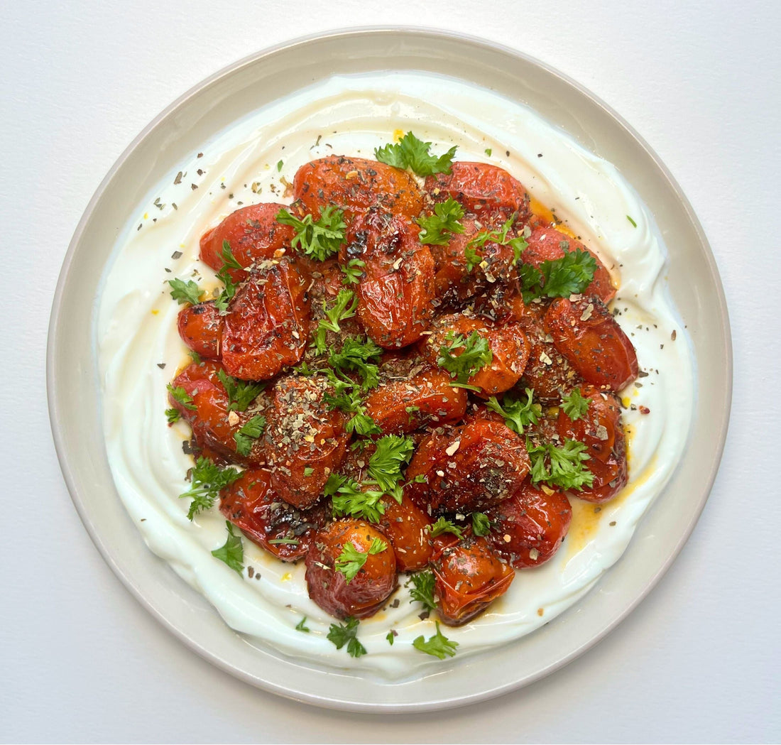 Things on Labneh, Part 2: Blistered Tomatoes Over Cool Labneh